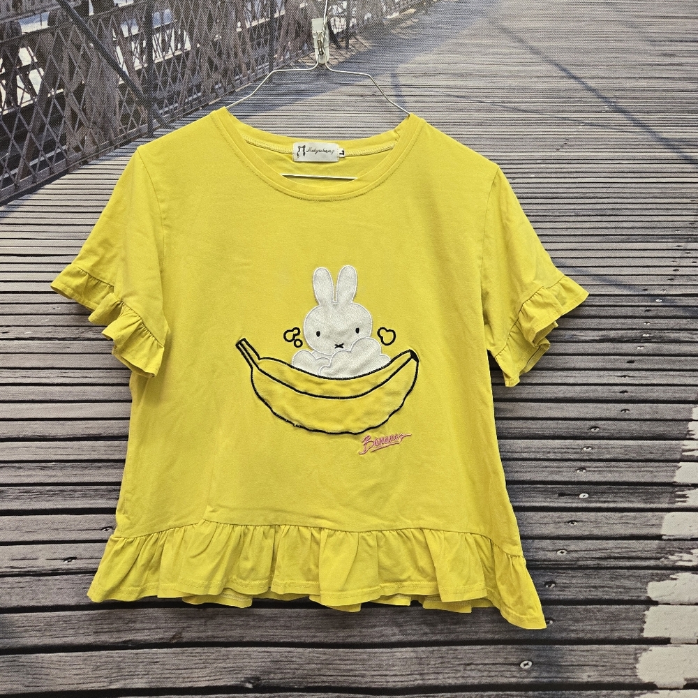 Velour Bunny Embroidered Banana Ruffle Sleeve Peplum Boxy Stretch Top Large